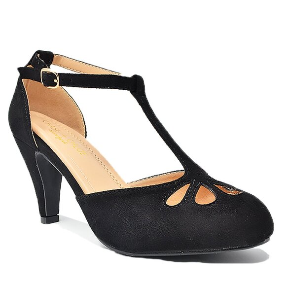 Chase & Chloe New Kimmy-36 Women's Teardrop Cut Out T-Strap Mid Heel Dress Pumps - Picture 2 of 4